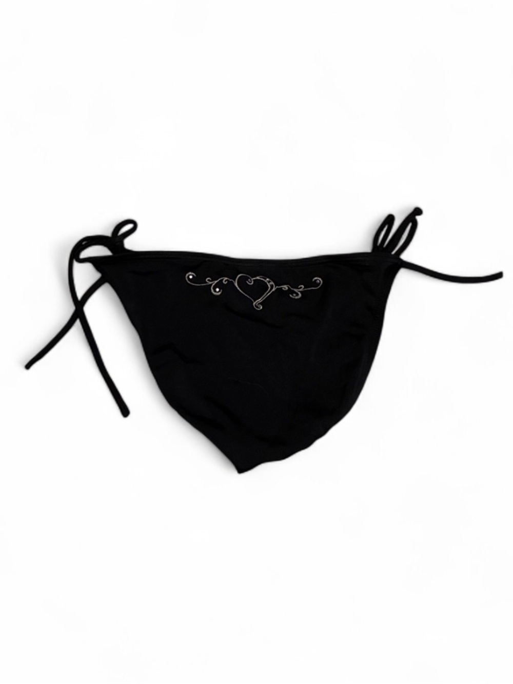 Y2K Black Tie-Side Bikini Bottom with Heart Embroidery